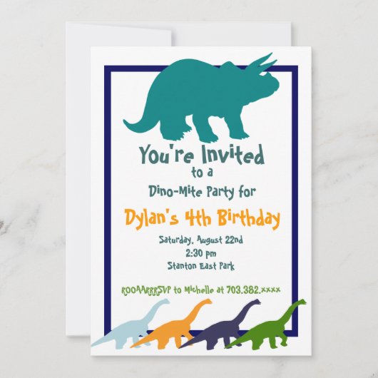 Farbenfrohe Dinosaurier Geburtstagsparty Einladung (Vorderseite)