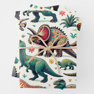 Farbenfrohe Dinosaurier Geschenkpapier Set