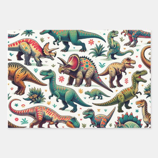 Farbenfrohe Dinosaurier Geschenkpapier Set (Vorderseite)