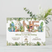 Farbenfrohe Dinosaurier Grüne 1. Geburtstag Einladung (Stehend Vorderseite)