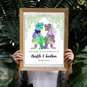 Farbenfrohe Dinosaurier-Hochzeitsbegrüßung Poster