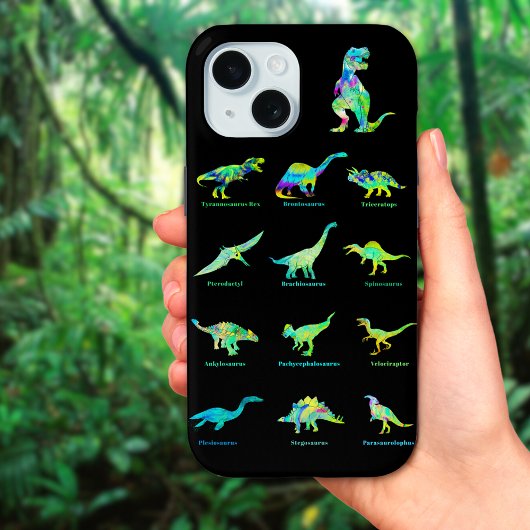 Farbenfrohe Dinosaurier mit Namen auf schwarz Case-Mate iPhone Hülle