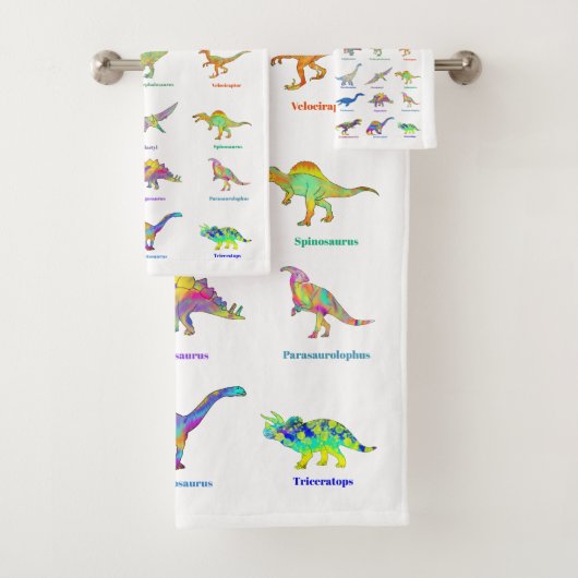 Farbenfrohe Dinosaurier mit Namen Muster Aquamarin Badhandtuch Set (Insitu)