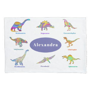 Farbenfrohe Dinosaurier mit Namen Muster lila Kissenbezug