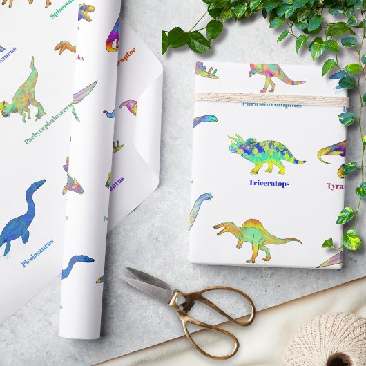 Farbenfrohe Dinosaurier mit Namen Pattern Geschenkpapier