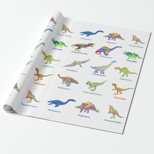 Farbenfrohe Dinosaurier mit Namen Pattern Geschenkpapier (Ungerollt)