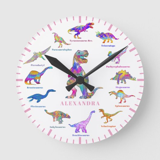 Farbenfrohe Dinosaurier mit Namen Runde Wanduhr (Vorderseite)