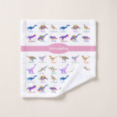 Farbenfrohe Dinosaurier mit rosa Namen Badhandtuch Set (Waschlappen)