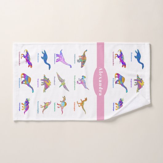 Farbenfrohe Dinosaurier mit rosa Namen Badhandtuch Set (Handtuch)