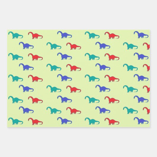 Farbenfrohe Dinosaurier-Muster auf grün Geschenkpapier Set (Vorderseite)
