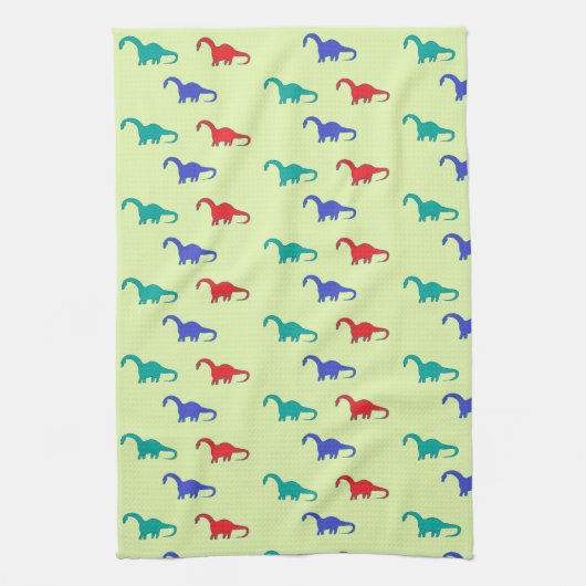 Farbenfrohe Dinosaurier-Muster auf grün Geschirrtuch (Vertikal)