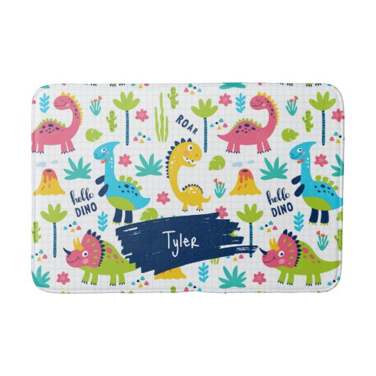 Farbenfrohe Dinosaurier Muster mit Kindername Bade Badematte (Vorderseite)