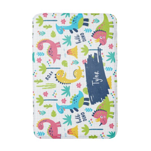 Farbenfrohe Dinosaurier Muster mit Kindername Bade Badematte (Vorderseite Vertikal)