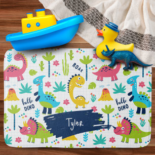 Farbenfrohe Dinosaurier Muster mit Kindername Bade Badematte