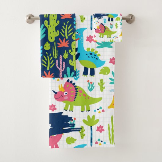 Farbenfrohe Dinosaurier Muster mit Kindername Bade Badhandtuch Set (Insitu)