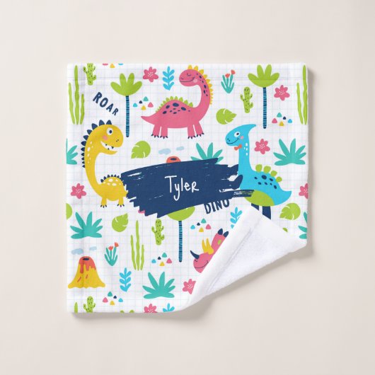 Farbenfrohe Dinosaurier Muster mit Kindername Bade Badhandtuch Set (Waschlappen)