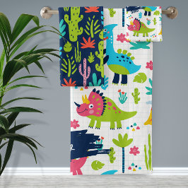 Farbenfrohe Dinosaurier Muster mit Kindername Bade Badhandtuch Set