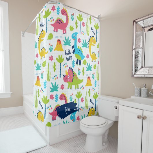 Farbenfrohe Dinosaurier Muster mit Kindername Bade Duschvorhang (Beispiel)