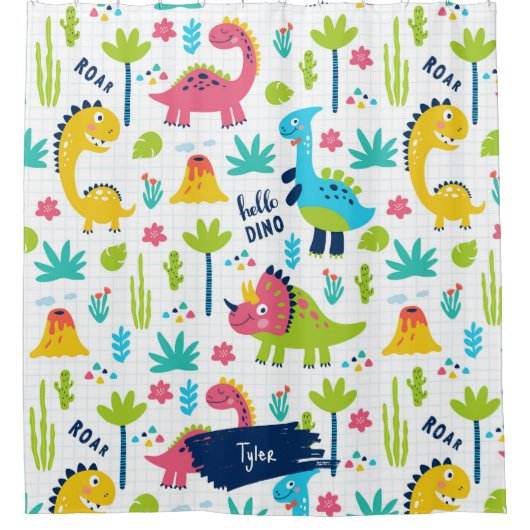 Farbenfrohe Dinosaurier Muster mit Kindername Bade Duschvorhang (Vorderseite)