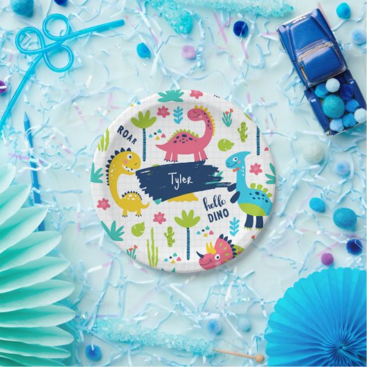 Farbenfrohe Dinosaurier-Muster mit Kindernamen Geb Pappteller (Party)