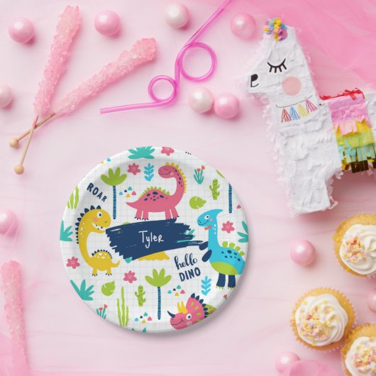 Farbenfrohe Dinosaurier-Muster mit Kindernamen Geb Pappteller (Party)