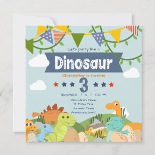 Farbenfrohe Dinosaurier-Themen-3. Geburtstagsfeier Einladung