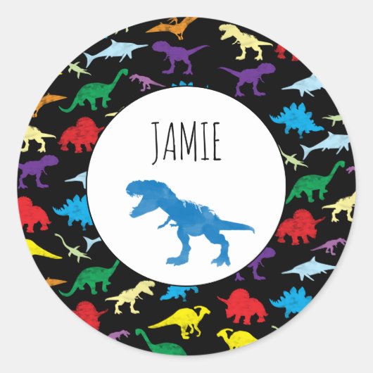 Farbenfrohe Dinosaurier Wasserfarbe Kindermuster Runder Aufkleber (Vorderseite)