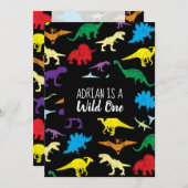 Farbenfrohe Dinosaurier Wild One Kindergeburtstag Einladung (Vorne/Hinten)