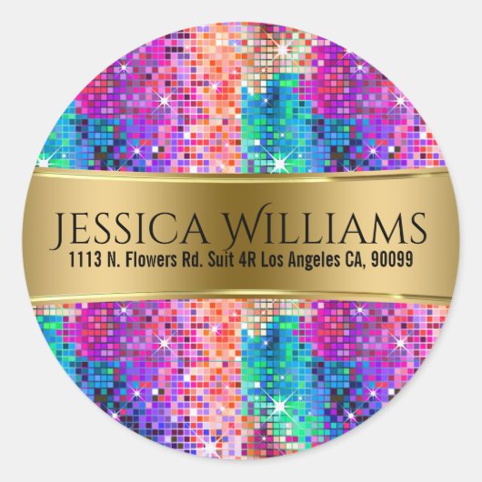 Farbenfrohe Disco-Glitzer und Goldvorlage Runder Aufkleber (Vorderseite)