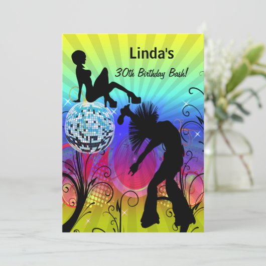 farbenfrohe Disco-Retro-Party Einladung (Stehend Vorderseite)