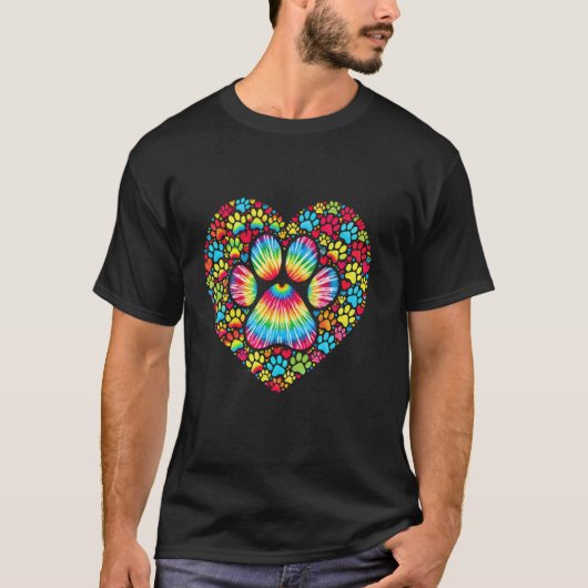 Farbenfrohe Dog Paw Herz Print T-Shirt (Vorderseite)