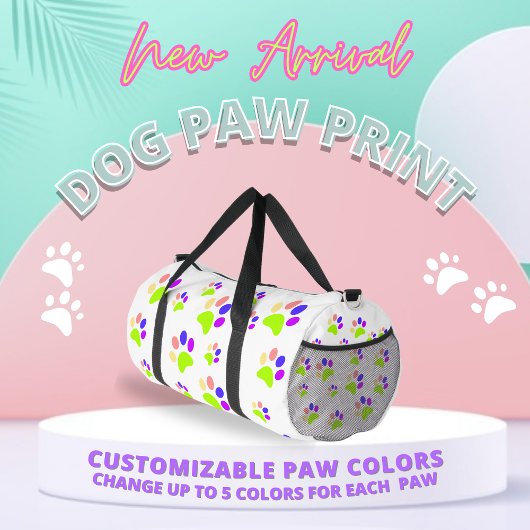 Farbenfrohe Dog Paw Print Design, bearbeitbare Paw Duffle Bag
