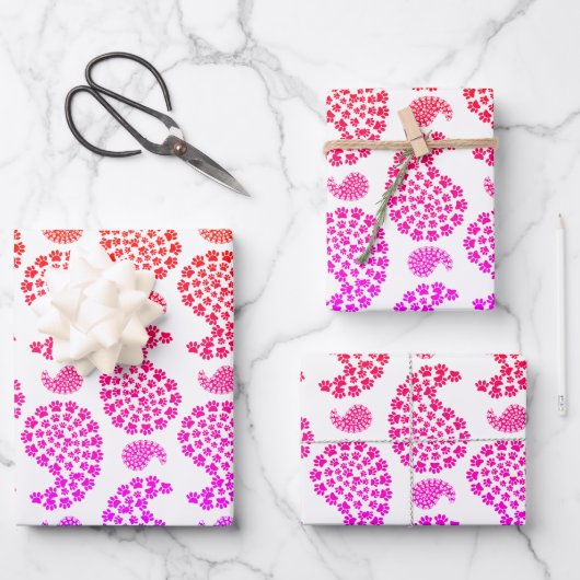 Farbenfrohe Dog Paw Print Paisley Muster Geschenkpapier Set (Vorderseite)