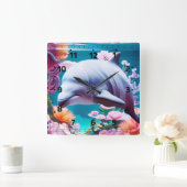 Farbenfrohe Dolphin im blühenden Ozean - Ozean übe Quadratische Wanduhr (Zuhause)