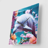 Farbenfrohe Dolphin im blühenden Ozean - Ozean übe Quadratische Wanduhr (Winkel)