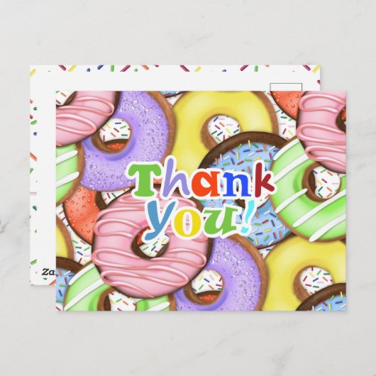 Farbenfrohe Donuts Sprinkles Danke Postkarte (Vorne/Hinten)
