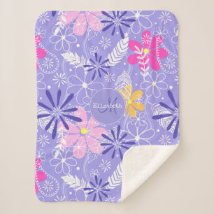 farbenfrohe Doodle Blütenfilet Flitter Sherpadecke