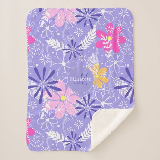 farbenfrohe Doodle Blütenfilet Flitter Sherpadecke (Vorderseite)