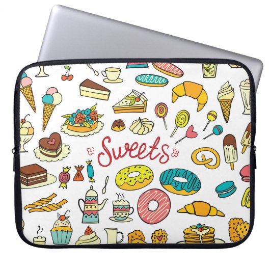 Farbenfrohe Doodle-Süßigkeiten: Desserdesign Laptopschutzhülle (Vorderseite)
