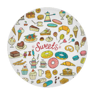 Farbenfrohe Doodle-Süßigkeiten: Desserdesign Schneidebrett