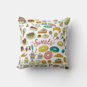 Farbenfrohe Doodle Süßigkeiten Essen auf Weiß. Kissen