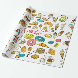 Farbenfrohe Doodle Süßigkeiten Essen auf Weiß. Vin Geschenkpapier