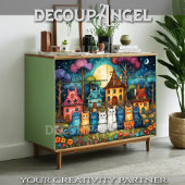 Farbenfrohe Dorfszene mit Katzen Dekoupage Seidenpapier