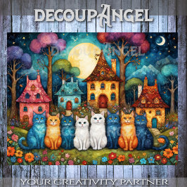 Farbenfrohe Dorfszene mit Katzen Dekoupage Seidenpapier