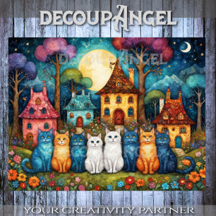 Farbenfrohe Dorfszene mit Katzen Dekoupage Seidenpapier