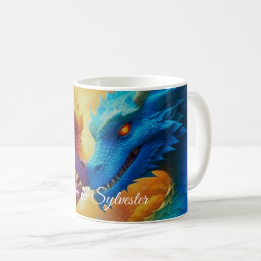 Farbenfrohe Drachen in der Liebe Kaffeetasse (VorderseiteRechts)