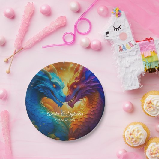 Farbenfrohe Drachen in der Liebe Pappteller (Party)