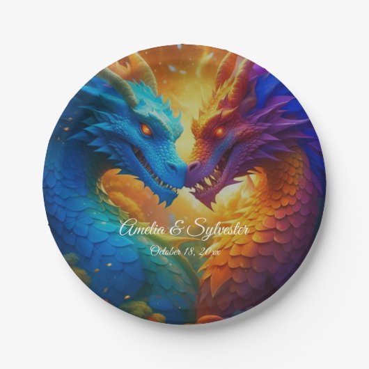 Farbenfrohe Drachen in der Liebe Pappteller (Vorderseite)