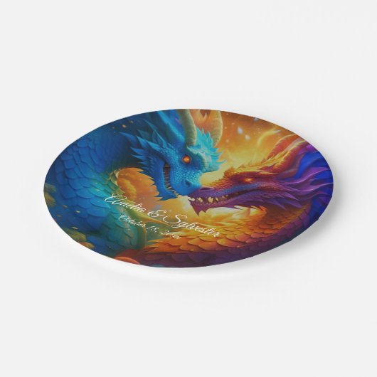 Farbenfrohe Drachen in der Liebe Pappteller (Schrägansicht)