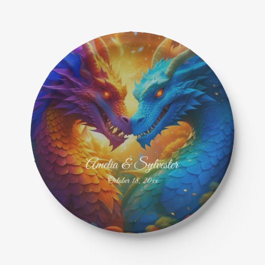 Farbenfrohe Drachen in der Liebe Pappteller (Vorderseite)
